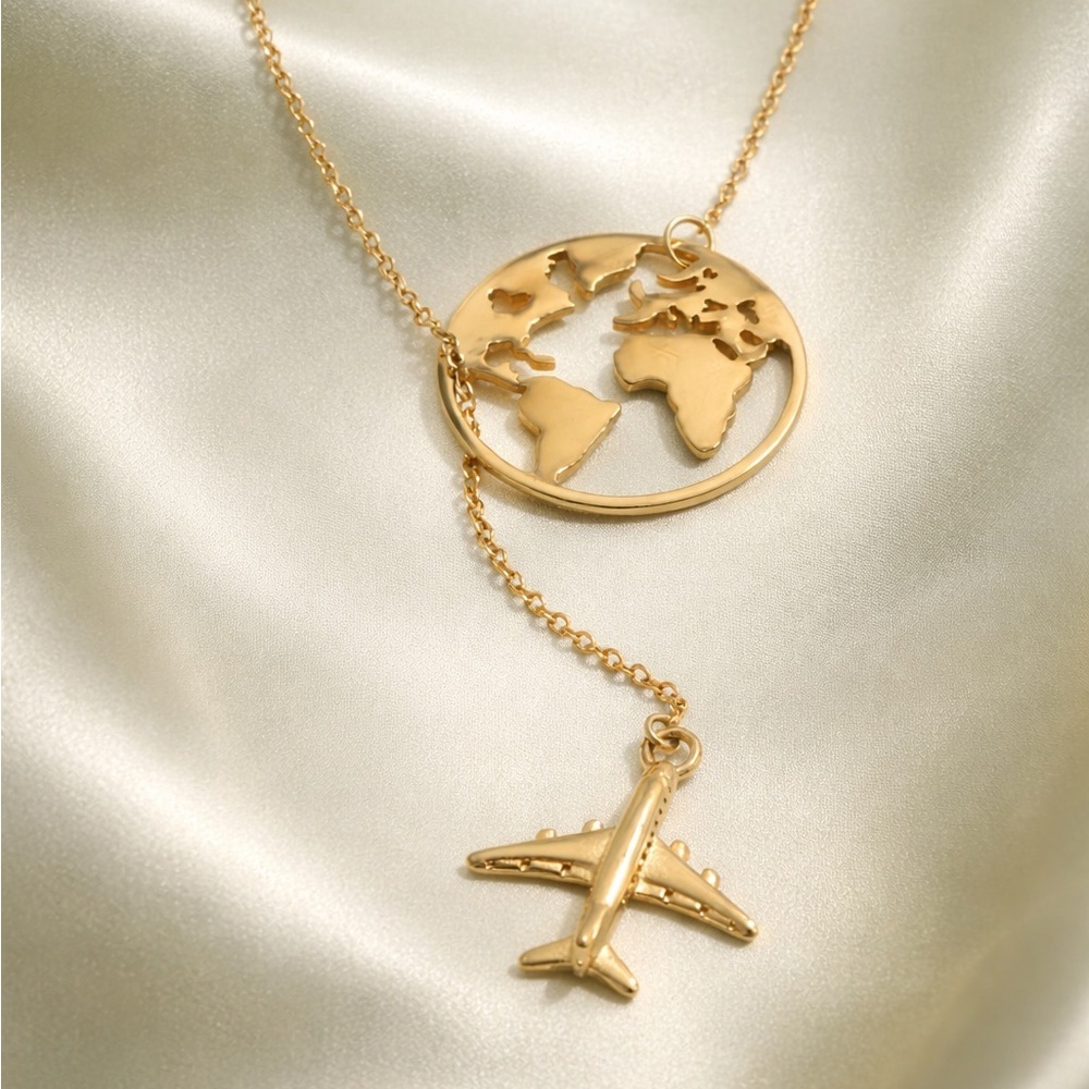 Traveller Airplane Gold World Map Necklace